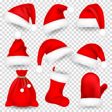 Christmas Santa Claus Hats With Fur Set, Mitten, Bag, Sock. New Year Red Hat Isolated on White Background. Winter Cap. Vector illustration.