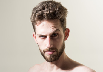 Fototapeta premium Making his beard hair more manageable. Personal grooming and morning routine. Man in morning after wakeup. Bearded man needs beard barber. Mens hair grooming. Barber shop