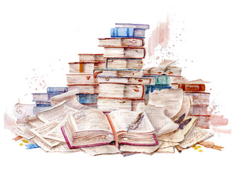 Old book, watercolor illustration. Ancient folios. Manuscripts and scrolls. Open book. Handmade watercolors. © Алексей Панчин