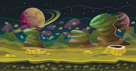 Fantasy space seamless game landscape. Science Fiction theme illustration. Green planet landscape background, with layers for parallax.  © vivali