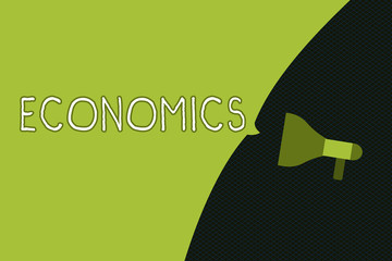 Writing note showing Economics. Business photo showcasing branch of knowledge concerned with production consumption Empty Speech Bubble covers half of the Photo Megaphone