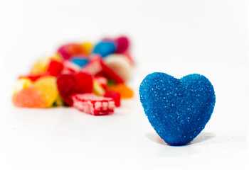Candy Valentines Hearts. Mixed colorful candies isolated on white background. Close up.