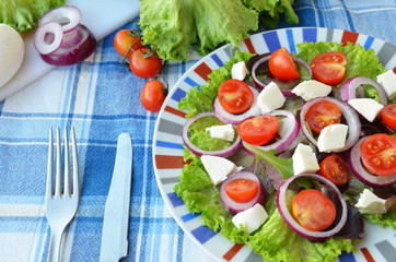 Tomato salad with lettuce, feta cheese and mustard and garlic dressing. Top view