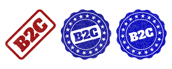 B2C scratched stamp seals in red and blue colors. Vector B2C watermarks with draft surface. Graphic elements are rounded rectangles, rosettes, circles and text labels.