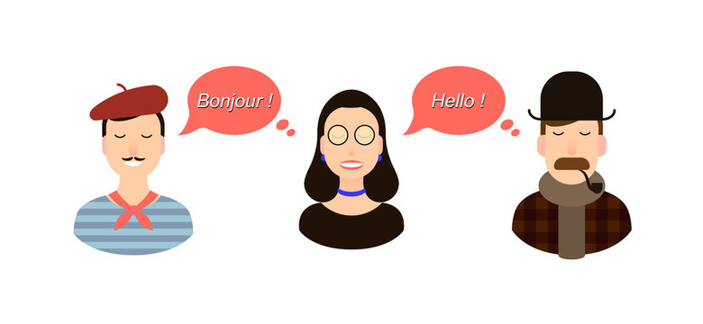 International communication translation concept illustration. tourists or businessmen or politicians from France or French speaking countries and England communicate through a girl translator