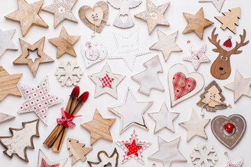 Christmas composition. Stars decorations, on white background. Christmas, winter, new year concept. Flat lay, top view, copy space.