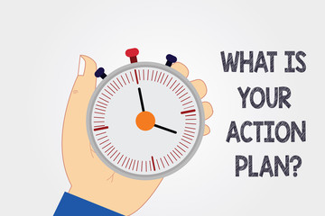 Naklejka premium Handwriting text writing What Is Your Action Planquestion. Concept meaning Explain your steps for reach your goal Hu analysis Hand Holding Mechanical Stop Watch Timer with Start Stop Button
