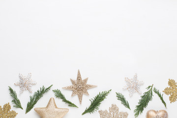 Fototapeta na wymiar Christmas composition. Christmas decorations on white background. Flat lay, top view.