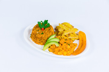 South American cuisine: Fried Rice with French fries, fried banana and Stewed Potatoes