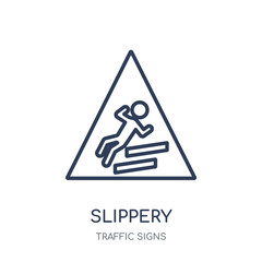 Slippery sign icon. Slippery sign linear symbol design from Traffic signs collection.
