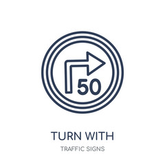 turn with advisory speed sign icon. turn with advisory speed sign linear symbol design from Traffic signs collection.