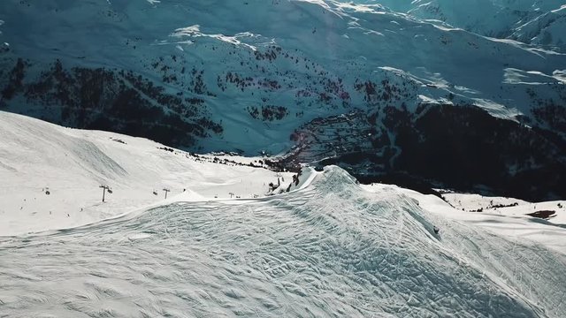 French Alps Courchevel aerial view. Slopes and lift