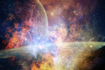 Artistic Abstract Foggy Planet in A Colorful Bright Galaxy Background