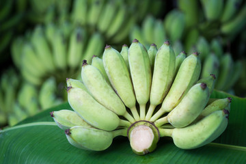 Raw bananas put on banana leaves have a banana blur background