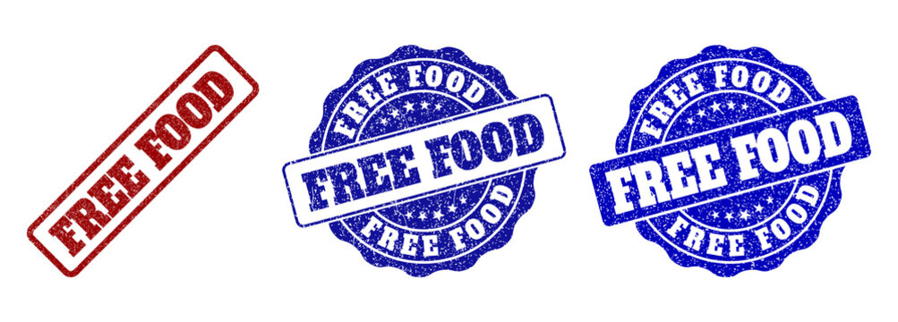FREE FOOD grunge stamp seals in red and blue colors. Vector FREE FOOD overlays with grunge texture. Graphic elements are rounded rectangles, rosettes, circles and text captions.
