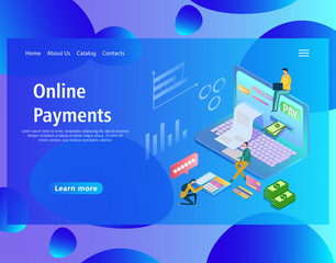 Web page design template for online payments, notification on financial transaction, mobile bank, the laptop with a paper bill. Electronic banking concept. Isometric vector illustration.