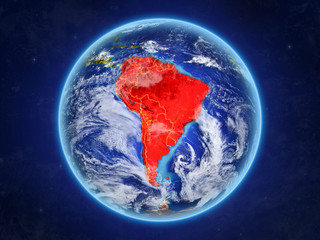 South America from space. Planet Earth with country borders and extremely high detail of planet surface and clouds.