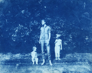 Cyanotype print of mother and two young daughters