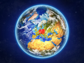 Central Europe from space. Planet Earth with country borders and extremely high detail of planet surface and clouds.