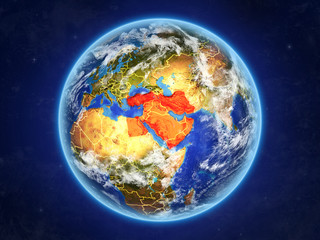 Middle East from space. Planet Earth with country borders and extremely high detail of planet surface and clouds.