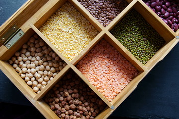 A box of different Indian legumes or pulses.
