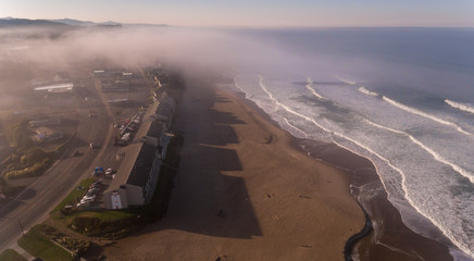 Aerial view of the foggy beach, Lincoln City Oregon