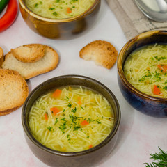Delicious chicken soup. Chicken soup with noodles 