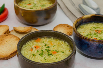 Delicious chicken soup. Chicken soup with noodles 