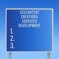 Text sign showing Seo Content Creation And Development Services. Conceptual photo Search engine optimization Blank Square shape Billboard Standing with Frame Border Outdoor Display