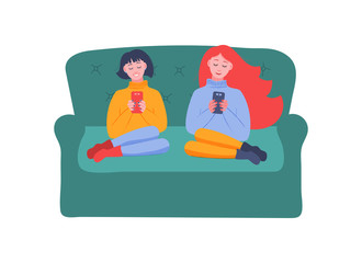 Two girls girlfriend sitting on the couch with smartphones in their hands. Internet addiction. Vector illustration in flat style.