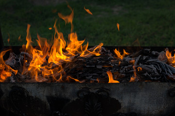 Flaming fire. Documents burning. Dance of fire spirits. Ignition of paper.