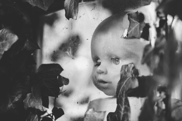 Black and white image of a creepy baby doll at the window of an ivy clad abandoned building.
