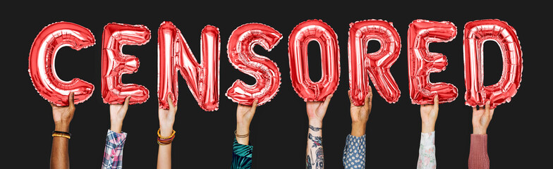 Hands holding censored word in balloon letters - obrazy, fototapety, plakaty