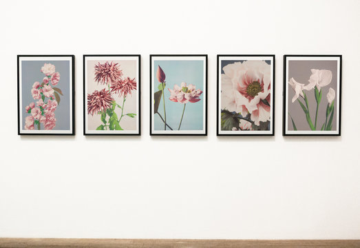Collection of floral art pieces on a wall