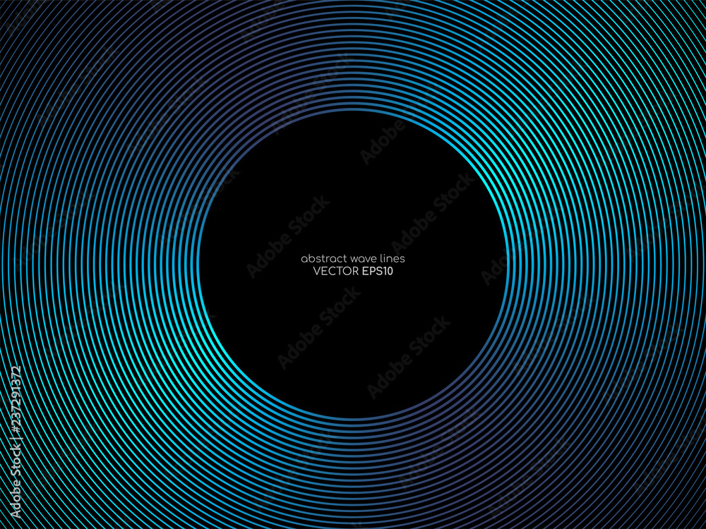 Poster Vector circle lines pattern frame in green blue colors isolated on black background with empty space for your text. Technology, music concept.