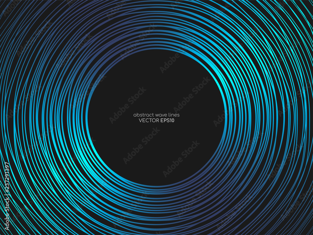 Aufkleber Vector circle lines pattern frame in green blue colors isolated on black background with empty space for your text. Technology, music concept.