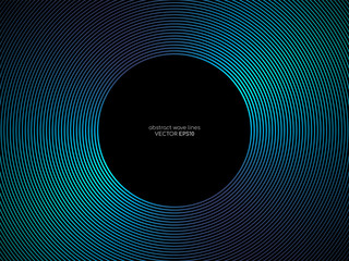 Vector circle lines pattern frame in green blue colors isolated on black background with empty space for your text. Technology, music concept.