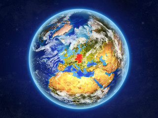 Visegrad Group from space. Planet Earth with country borders and extremely high detail of planet surface and clouds.