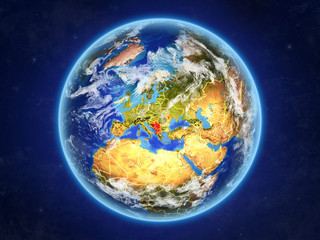 CEFTA countries from space. Planet Earth with country borders and extremely high detail of planet surface and clouds.