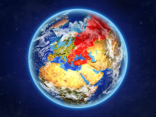 BSEC countries from space. Planet Earth with country borders and extremely high detail of planet surface and clouds.
