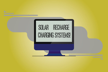 Conceptual hand writing showing Solar Recharge Charging Systems. Business photo showcasing New innovative alternative energy supplies Mounted Computer Monitor Blank Screen on Abstract Background
