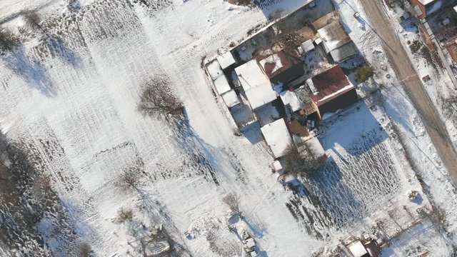 Aerial view of the village settlements in the winter.