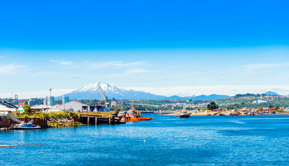 View of the Osorno volcano, Puerto Montt, Chile. Copy space for text.