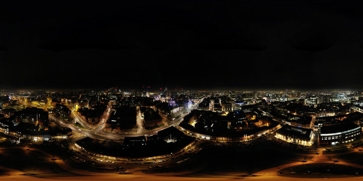Aerial 360 Degree spherical panorama image taken above the Leeds City Center, VR night image in West Yorkshire.