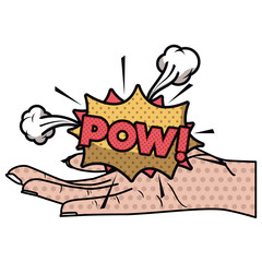 open hand receiving comic words in speech bubble