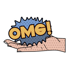 open hand receiving comic words in speech bubble