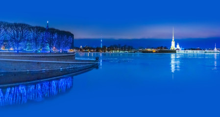 Saint Petersburg. Russia. New Year in St. Petersburg. Peter-Pavel's Fortress. Hermitage. Palace Embankment in winter. Panorama of St. Petersburg. Travel in winter to Russia. Vasilyevsky Island. Arrow