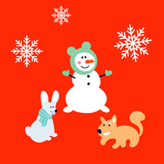 Snowman, bunny and squirrel cartoon card new year. Red background winter holidays characters.