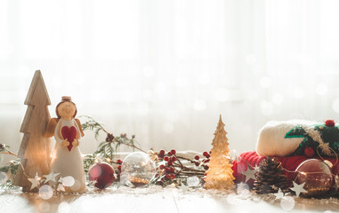 Christmas festive decor still life on wooden background, concept of home comfort and holiday
