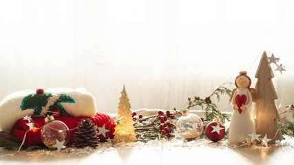 Christmas festive decor still life on wooden background, concept of home comfort and holiday